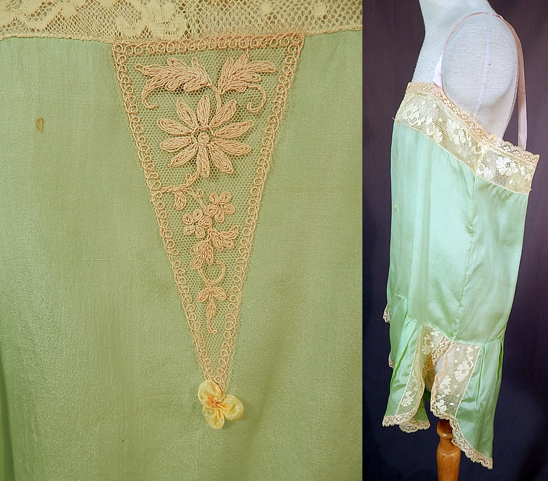 Vintage Mint Green Silk Rosette Lace Lingerie Chemise Camiknicker Teddy
It is in good condition, with a few tiny pin holes and small age spot stain on the front top. This is truly a wonderful piece of flapper lingerie wearable art!