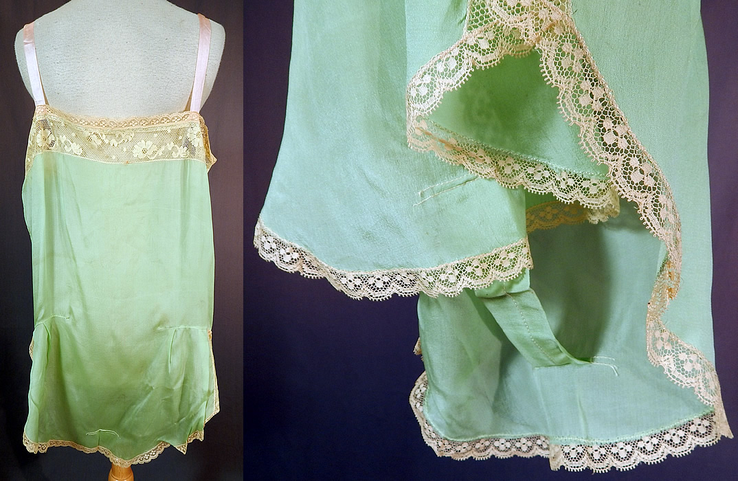 Vintage Mint Green Silk Rosette Lace Lingerie Chemise Camiknicker Teddy
This lovely lingerie one piece romper, camiknicker teddy chemise is loose fitting, has a crotch panty panel, flared shorts at the hips, pink silk ribbon shoulder straps, drawstring adjustable neckline and is unlined. The teddy measure 32 inches long, with a 36 inch bust, 36 inch waist and 42 inch hips.