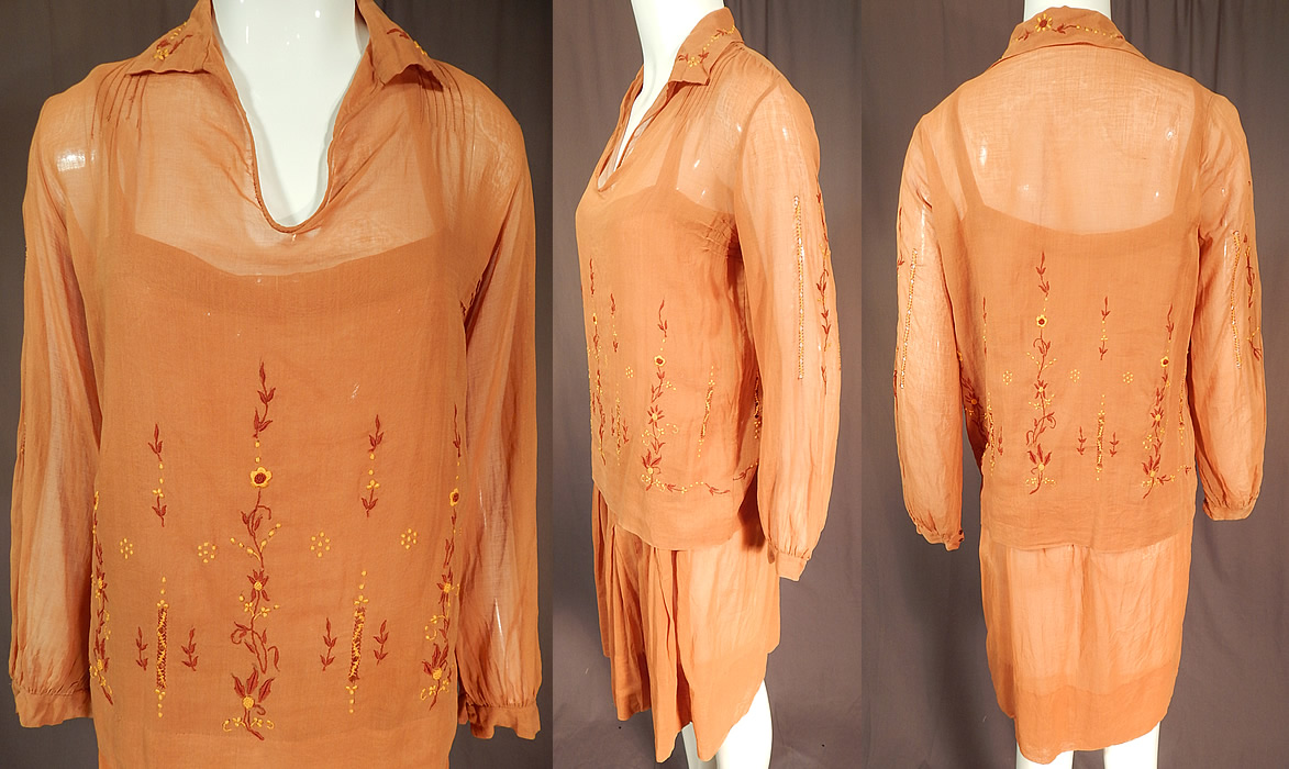 Vintage Brown Cotton French Knot Embroidery Boho Peasant Slip Dress & Blouse
This pretty peasant dress two piece outfit has a loose fitting straight shift style slip dress with a drop waist, short skirt with pleated front, shoulder straps and is sheer, unlined. 