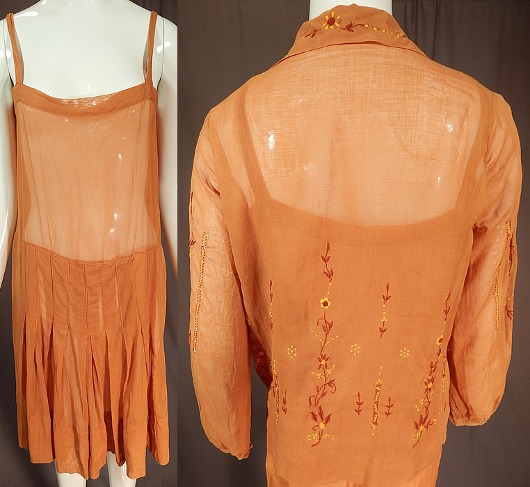Vintage Brown Cotton French Knot Embroidery Boho Peasant Slip Dress & Blouse
The dress measures 38 inches long, with a 34 inch bust and 32 inch waist. There is a matching fabric shirt blouse with a loose fitting long length, fold over collar V front neckline, long full sleeves with fitted cuffs and is sheer, unlined. 