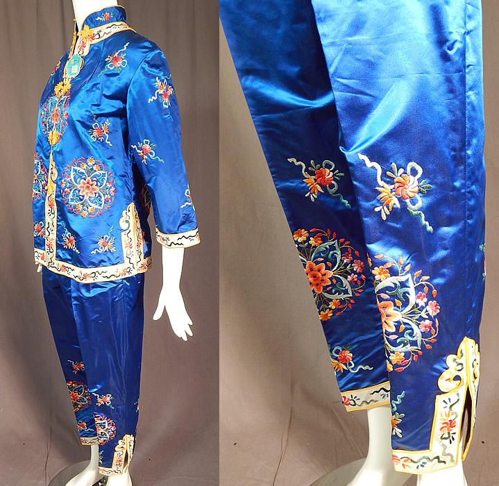 Vintage Bai hua Chinese Blue Silk Rayon Embroidered Pajamas Pants Robe NWT
The robe measures 25 inches long, with a 36 inch bust and 34 inch waist.