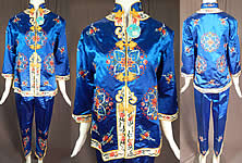 Vintage Bai hua Chinese Blue Silk Rayon Embroidered Pajamas Pants Robe NWT