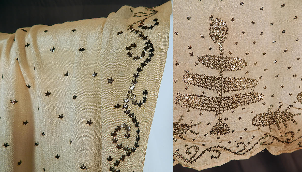 Vintage Art Deco Turkish Tel-Kirma Assuit Cream Silk Silver Stud Shawl Scarf
This beautiful belly dancing shawl style scarf wrap measures 87 inches long and 24 inches wide. It is in good condition, with a few small faint stains.