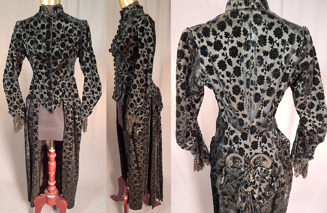Victorian Black Burnout Voided Velvet Cutaway Polonaise Dress Bustle Bodice
This antique Victorian era black burnout voided velvet cutaway polonaise dress bustle bodice dates from the 1880s. It is made of a black silk burnout voided velvet devore fabric with a floral leaf pattern.
