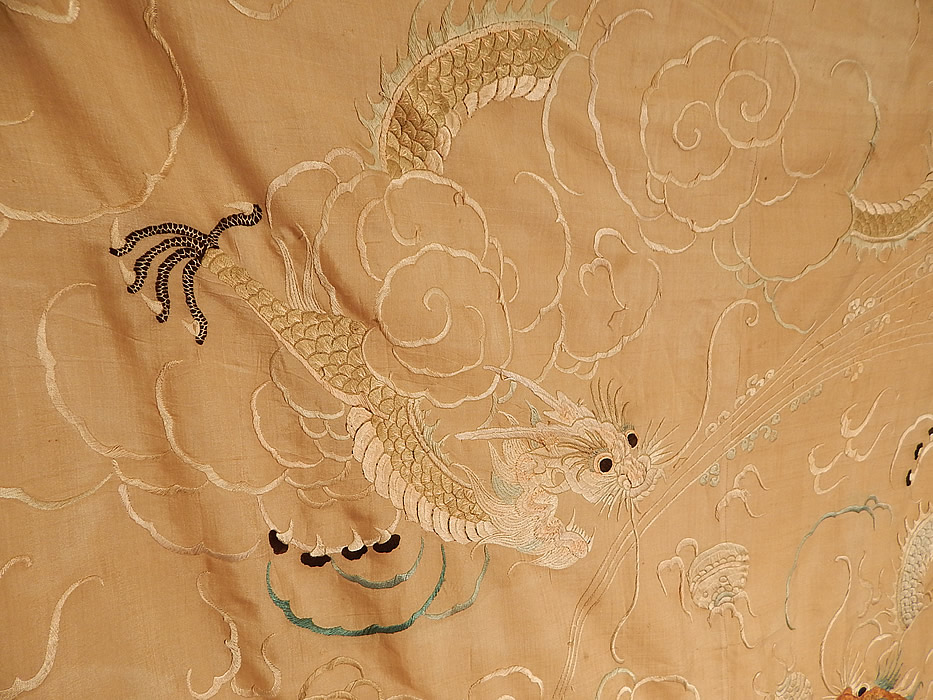 Antique Chinese Dragon Pongee Raw Silk Embroidery Fringe Shawl Tablecloth Tapestry
The textile measures 44 by 44 inches. It is in good condition, with only some small faint stains and frays on the silk backing lining and a small frayed break in the fringe corner. This is truly a wonderful piece of antique Chinese textile art! 