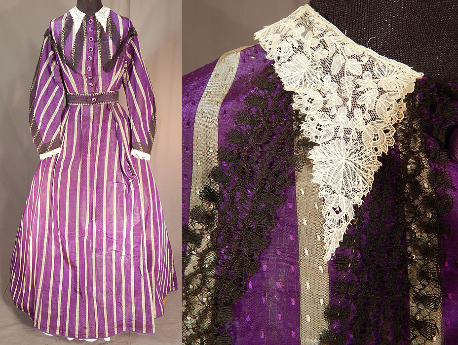 Victorian Civil War Era Purple & Gray Stripe Silk Taffeta Hoop Skirt Belted Dress
This antique Victorian Civil War era purple and gray stripe silk taffeta hoop skirt belted dress dates from the 1860s. It is made of a bright purple color mauveine aniline dye and gray striped silk taffeta fabric, with a woven tiny dotted square pattern weave. 
