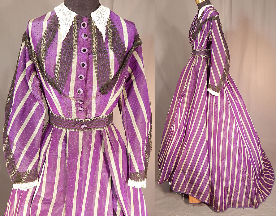 Victorian Civil War Era Purple & Gray Stripe Silk Taffeta Hoop Skirt Belted Dress
There is hand made black lace trim edging the top, sleeves, belt and a white Brussels point de gaze lace collar, cuffs. 