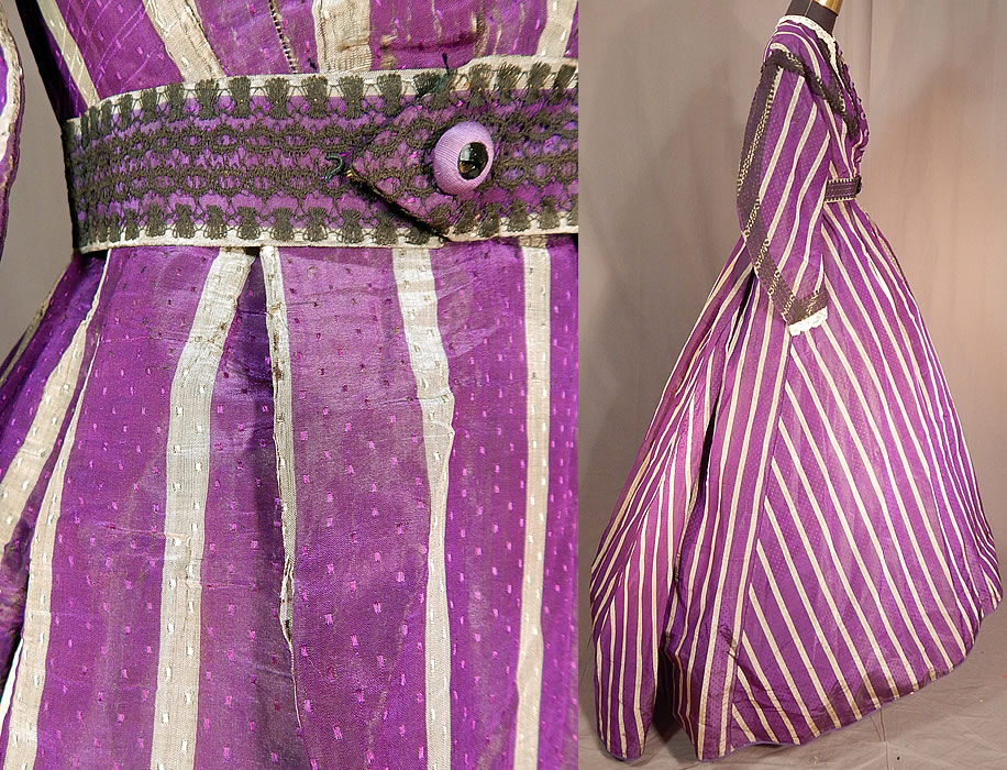 Victorian Civil War Era Purple & Gray Stripe Silk Taffeta Hoop Skirt Belted Dress
This magnificent half mourning gown has a long floor length very full hoop skirt (hoop not included) with slight train back, a fitted bodice, with matching fabric, lace, button trim separate belt, long full sleeves, decorative purple and black silk covered buttons on the front top with brass hook closures hidden underneath and is fully lined in a polished cotton fabric.