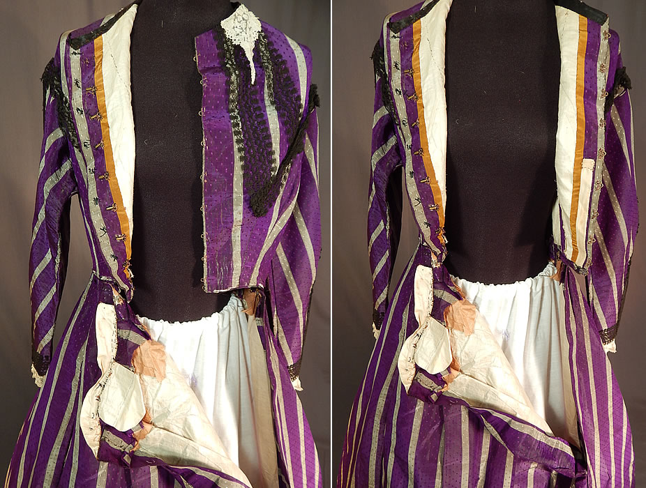 Victorian Civil War Era Purple & Gray Stripe Silk Taffeta Hoop Skirt Belted Dress
This would be perfect for display or design and is truly a rare and wonderful piece of half mourning Victoriana textile art! 