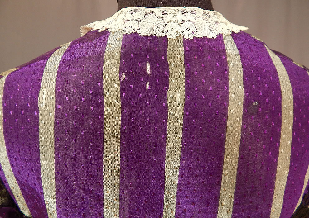 Victorian Civil War Era Purple & Gray Stripe Silk Taffeta Hoop Skirt Belted Dress
The dress is in good as-is condition, with only some slight underarm discoloration and has several small frayed splits on the silk fabric (see close-ups).