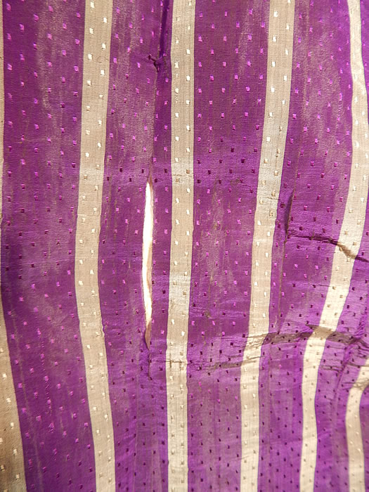 Victorian Civil War Era Purple & Gray Stripe Silk Taffeta Hoop Skirt Belted Dress
The dress is in good as-is condition, with only some slight underarm discoloration and has several small frayed splits on the silk fabric (see close-ups). 