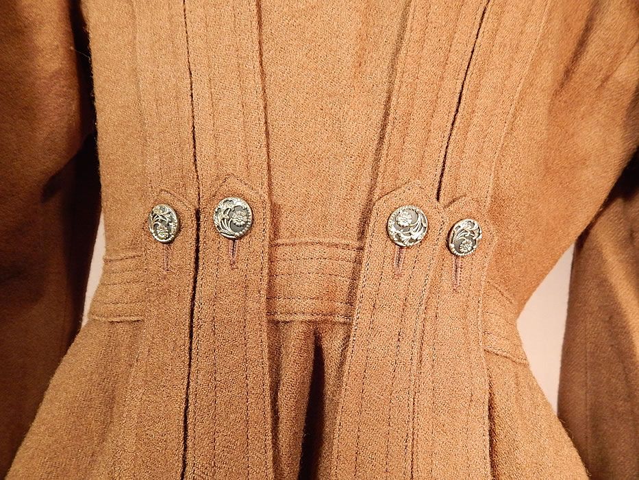 Victorian Brown Wool Soutache Button Trim Walking Suit Jacket Winter Coat
The coat measures 33 inches long, with a 36 inch bust, 26 inch waist, 23 inch long sleeves and is 15 inches between the back shoulder seams. 