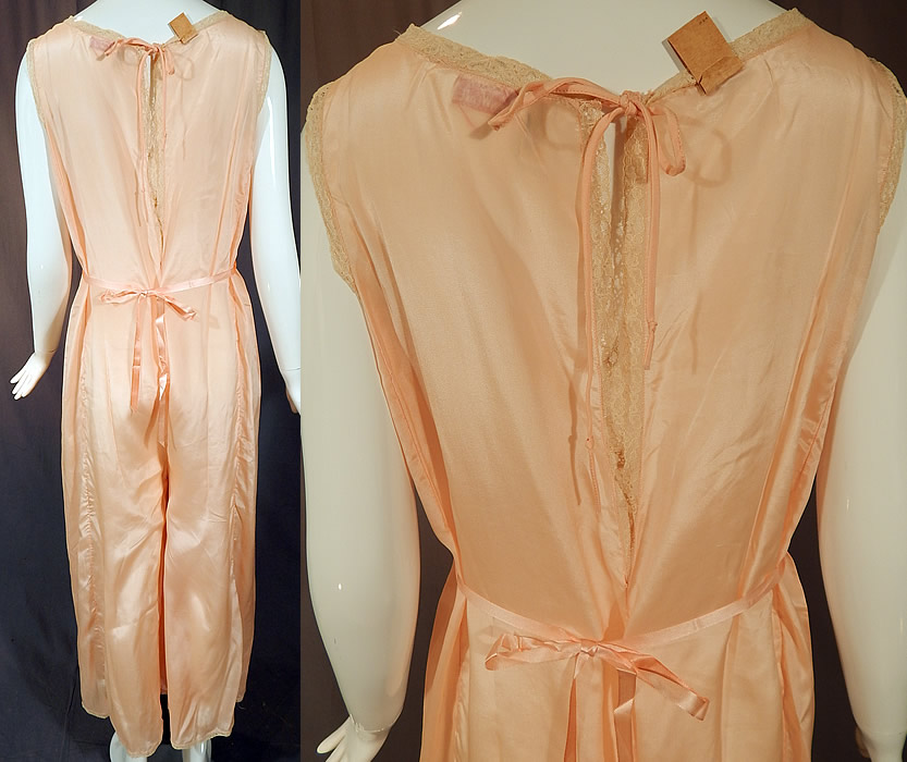 Vintage Love Joy Twin Weaves Pink Silk Lace Lingerie Palazzo Pant Pajama Jumpsuit
This lovely lingerie lounge wear beach pajama one piece jumpsuit has a sleeveless top shirt, V front neckline, key hole opening back neck tie closure, and adjustable pink silk ribbon tie sash belted back waist, long loose fitting palazzo pants and is unlined. 