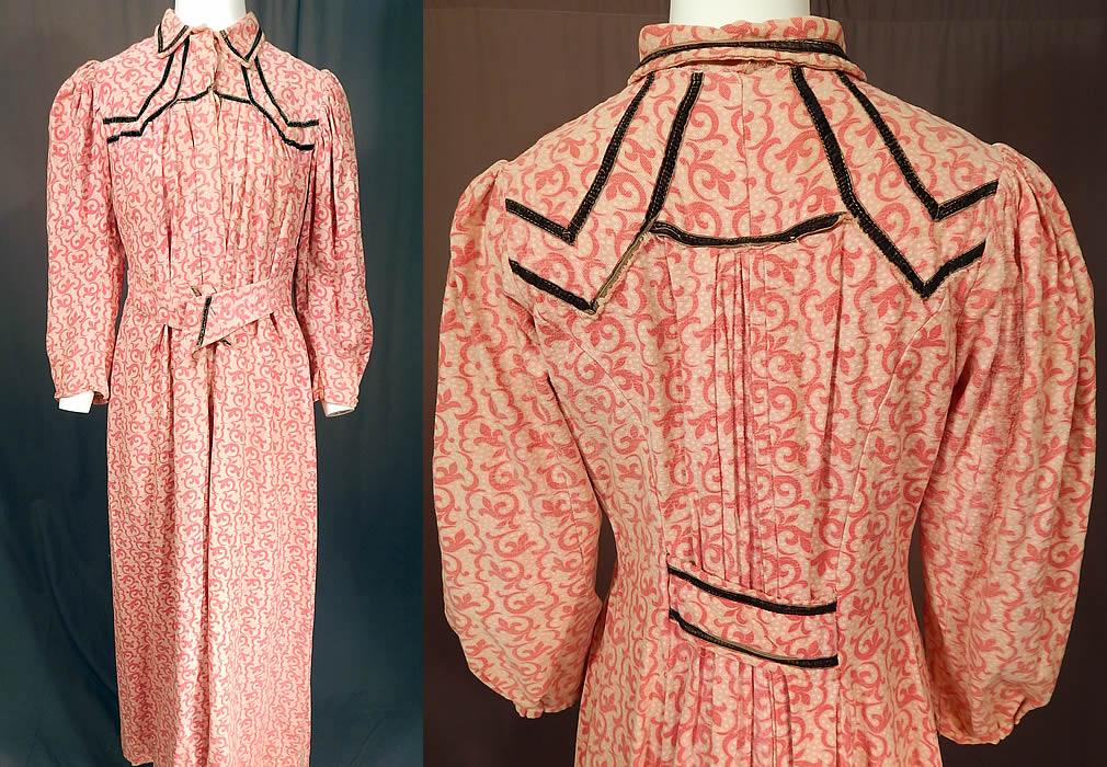 Victorian Pink Polka Dot Jacobean Print Flannel Wrapper Workwear Morning Dress
This antique Victorian era pink polka dot Jacobean print flannel wrapper workwear morning dress dates from 1900. It is made of a pink and white soft brushed nap cotton flannel fabric with a pink polka dot and Jacobean style floral vine leaf pattern print design.