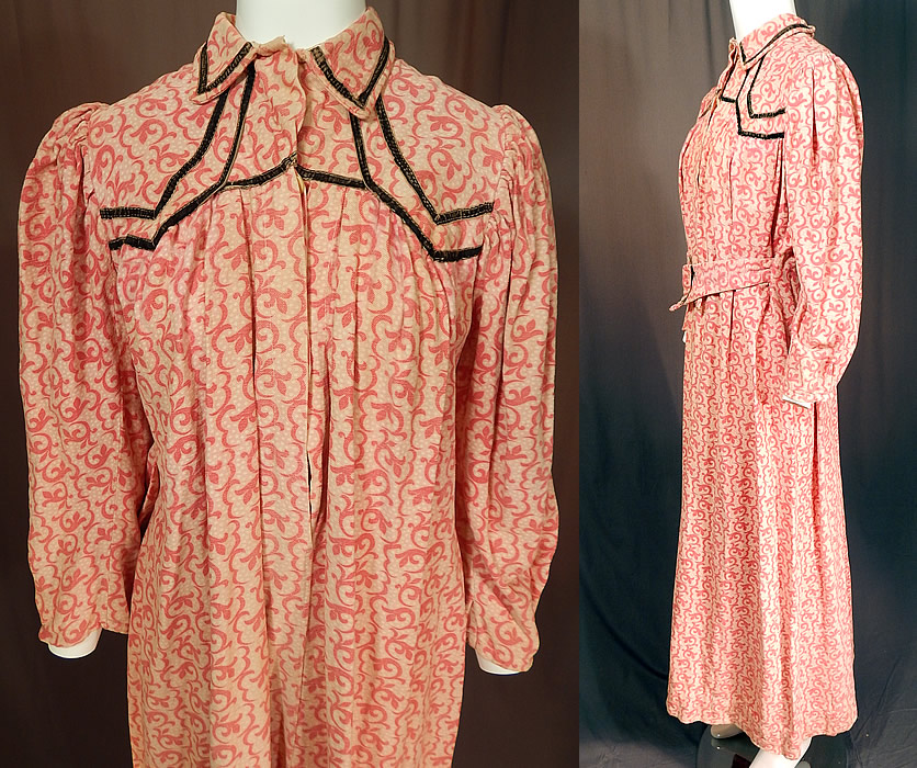 Victorian Pink Polka Dot Jacobean Print Flannel Wrapper Workwear Morning Dress
This womens work wear wrapper morning dress is a long floor length, with a fold over collar, black appliquéd trim edging the top, gathered shoulders, long full sleeves, an attached belted back tie sash and button closures on the front modesty panel insert camisole top lining the inside bodice.