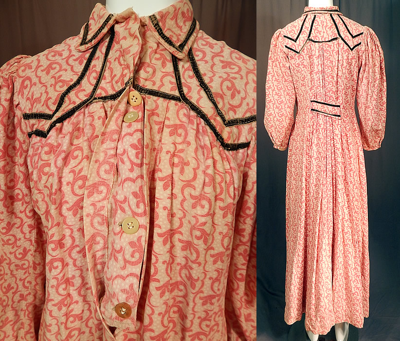 Victorian Pink Polka Dot Jacobean Print Flannel Wrapper Workwear Morning Dress
The dress measures 53 inches long, with a 36 inch bust, 36 inch waist, 21 inch long sleeves and 12 inch back. It is in good condition, with only some wear, fraying on the inside cotton lining top. This is truly a wonderful piece of antique Victoriana textile art!