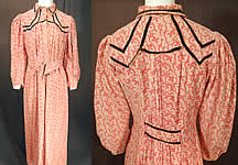 Victorian Pink Polka Dot Jacobean Print Flannel Wrapper Workwear Morning Dress
