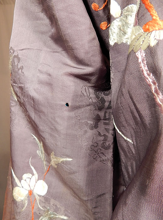 Silk Ji Brocade Embroidered Floral Cheongsam Qipao Robe
It is in good as-is condition, with a scattering of several tiny pin holes on the silk fabric and fraying along the embroidered trim edging (see close-ups).