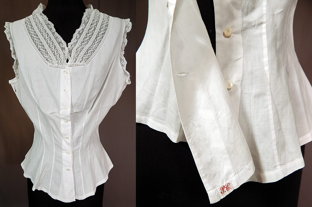 Victorian Lingerie White Cotton Batiste Lace Trim Camisole Corset Cover Top
This antique Victorian era lingerie white cotton batiste lace trim camisole corset cover top dates from 1890. It is made of a fine white cotton batiste fabric, with lace trim edging the neckline and armholes.