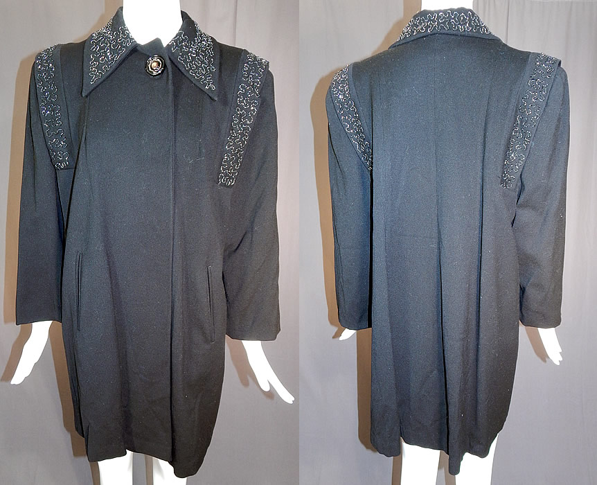 Vintage Black Beaded Gabardine Wool Swing Coat Winter Jacket
This vintage black beaded gabardine wool swing coat winter jacket dates from the 1940s. It is made of a black gabardine wool fabric with black beading done in a scrolling spiral pattern design along the shoulders and collar.