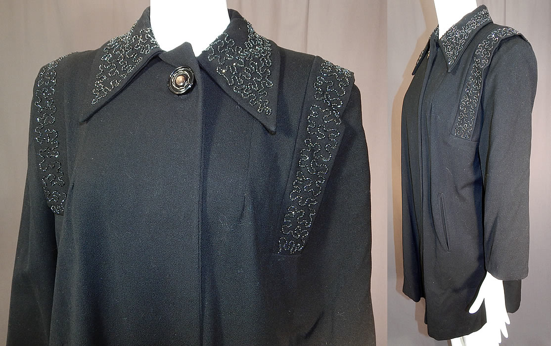 Vintage Black Beaded Gabardine Wool Swing Coat Winter Jacket
This beautiful beaded winter coat jacket has a loose fitting, mid length, swing style, broad shoulder padding, a fold over beaded collar, long full sleeves, side slit pockets, a single button for closure at the neck and is fully lined. 