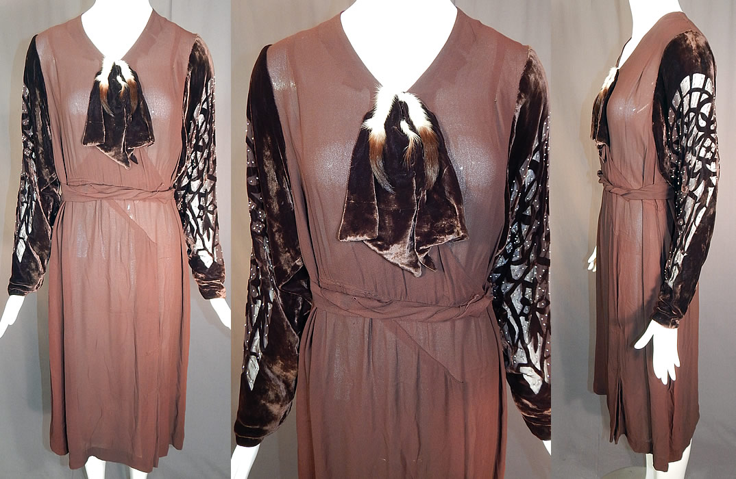 Vintage Brown Silk Crepe Devore Voided Velvet Beaded Sleeve Bias Cut Dress
This vintage brown silk crepe devore voided velvet beaded sleeve bias cut dress dates from the 1930s. It is made of a chocolate brown color silk crepe de chine fabric, with dark brown devore voided velvet burnout sleeves done in decorative cobweb, floral designs and tiny white beaded accents.
