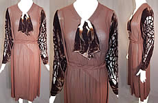 Vintage Brown Silk Crepe Devore Voided Velvet Beaded Sleeve Bias Cut Dress
