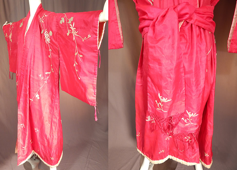 Vintage Japanese Fuchsia Pink Silk Chrysanthemum Embroidered Kimono Robe
This vintage Japanese fuchsia pink silk chrysanthemum embroidered kimono robe dates from the 1920s.