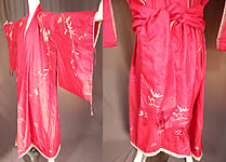 Vintage Japanese Fuchsia Pink Silk Chrysanthemum Embroidered Kimono Robe
