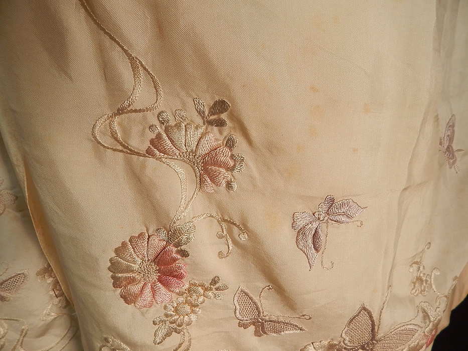 Vintage Japanese Silk Drawn Work Embroidered Floral Butterfly Shawl Scarf Stole
The shawl measures 84 inches long and 26 inches wide. It is in good as-is condition, with some slight fraying on the ends and there are some small faint age spots stains (see close-ups). This is truly a wonderful piece of wearable Japanese Japonism wearable textile art!
