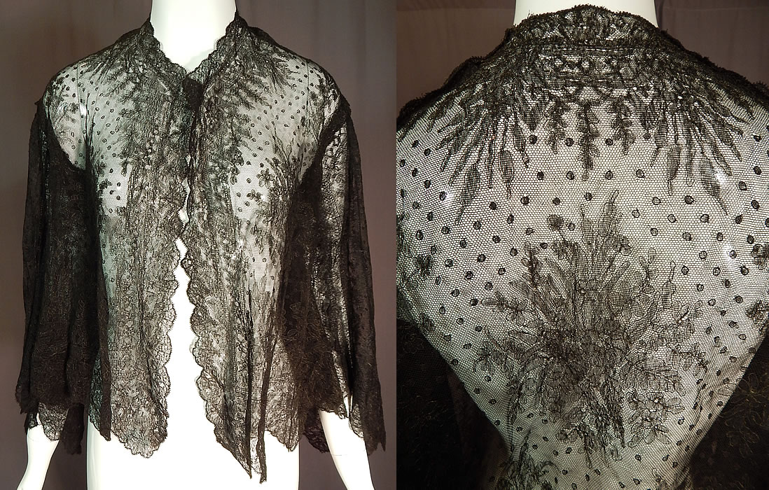 Victorian Antique Black Chantilly Lace Shawl Wide Pagoda Sleeve Jacket
It is made of a sheer fine delicate black net French Chantilly lace, with a Swiss dot, floral foliage leaf pattern outlined in black threads with detailed shading effects and a decorative scalloped border edging.