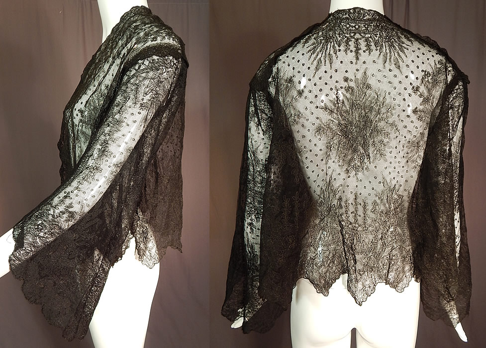 Victorian Antique Black Chantilly Lace Shawl Wide Pagoda Sleeve Jacket
This lovely lace has a lush floral foliage design throughout. It has been created into a loose fitting, waist length open front blouse jacket, with no closure, long full wide pagoda style sleeves and is sheer, completely unlined. 