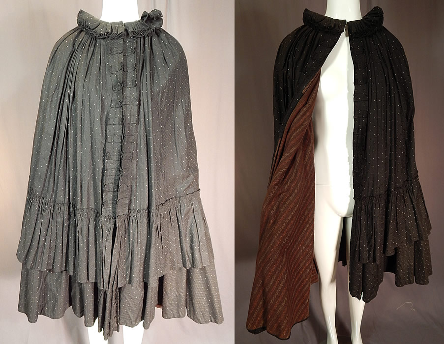 Victorian Black & White Polka Dot Cotton Calico Ruff Collar Winter Cloak Cape
This Victorian era antique black and white polka dot cotton calico ruff collar winter cloak cape dates from the 1900. It is made of a black and white polka dot cotton calico damask weave grid pattern fabric.