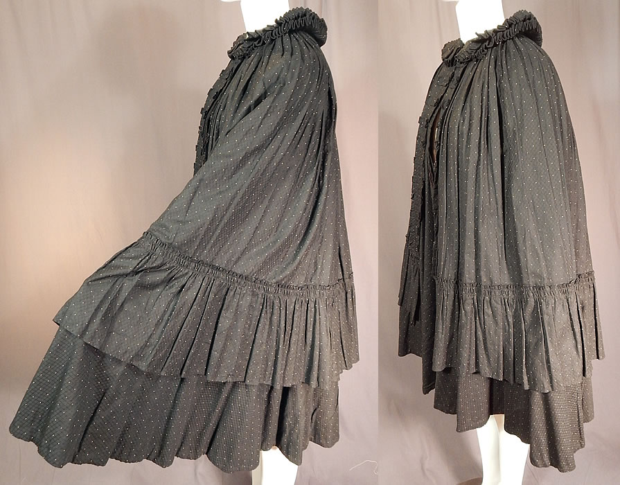 Victorian Black & White Polka Dot Cotton Calico Ruff Collar Winter Cloak Cape
The cape measures 39 inches long, 19 inches across the back shoulders and has a 15 inch neck. 