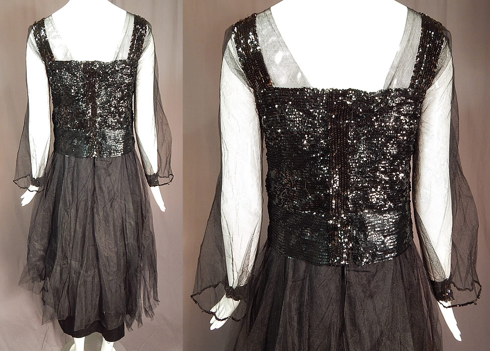 Vintage Art Deco Black Silk Tulle Net Sequin Beaded Evening Gown Flapper Dress
The dress measures 47 inches long, with a 34 inch bust and 32 inch waist. It is in good as-is condition, with some fraying along the bottom skirt hemlines, a few tiny holes in the tulle net fabric and some missing loose sequins. This is truly a wonderful piece of wearable Art Deco textile art!