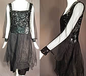 Vintage Art Deco Black Silk Tulle Net Sequin Beaded Evening Gown Flapper Dress
