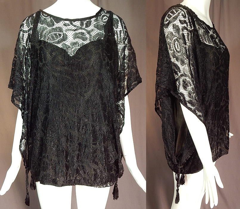 Vintage Art Deco Black Silk Sheer Lace Batwing Blouse Flapper Fringe Tassel Top
This vintage Art Deco black silk sheer lace batwing blouse flapper fringe tassel top dates from the 1920s. It is made of a black silk sheer lace net fabric with a floral pattern design.