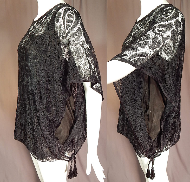 Vintage Art Deco Black Silk Sheer Lace Batwing Blouse Flapper Fringe Tassel Top
This fabulous flapper top is loose fitting with a drop waist, black silk fringe tassel trim ties under the arms hanging down the bottom sides, batwing wide open sleeves and is full lined with a black silk camisole top lining sewn inside. 