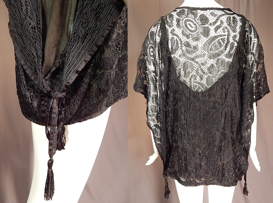 Vintage Art Deco Black Silk Sheer Lace Batwing Blouse Flapper Fringe Tassel Top
This is truly a wonderful piece of wearable art! 