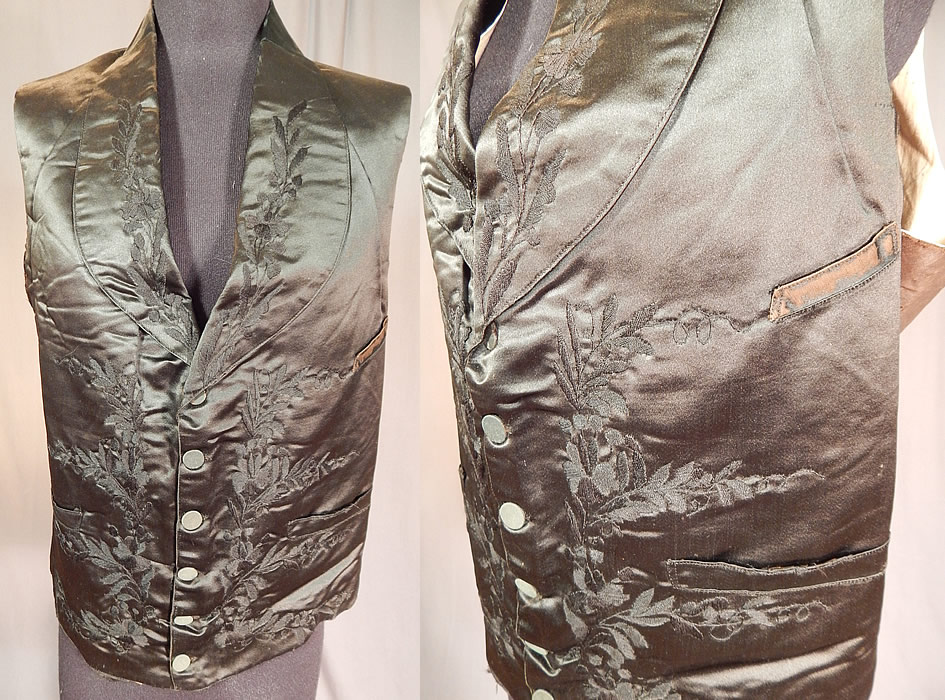 Victorian Gentleman's Black Silk Floral Leaf Embroidered Mourning Waistcoat Vest
This antique Victorian Civil War era gentleman's black silk floral leaf embroidered mourning waistcoat vest dates from the 1860s.