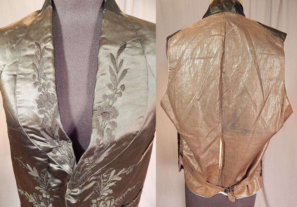 Victorian Gentleman's Black Silk Floral Leaf Embroidered Mourning Waistcoat Vest
It is made of a black silk fabric with raised padded satin stitch hand embroidered flowers and leaves on the front.