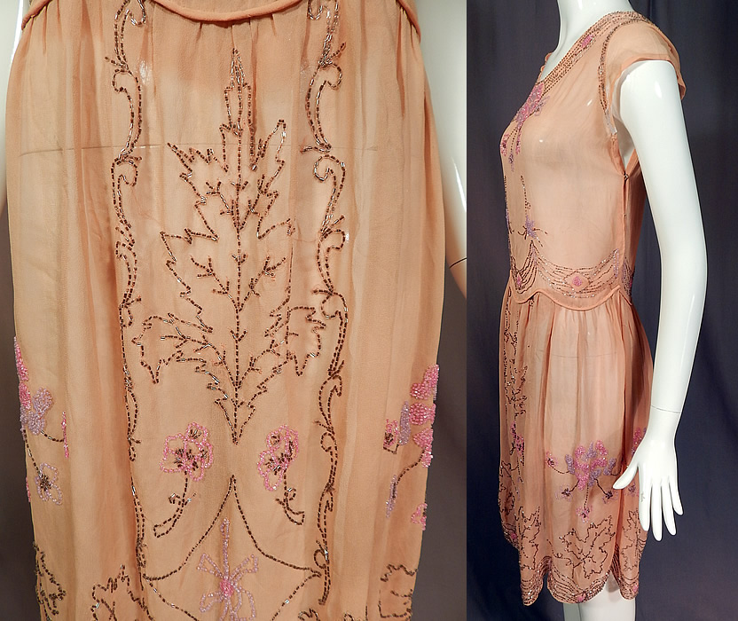 Vintage Art Deco Pink Silk Chiffon Lavender Floral Leaf Beaded Flapper Dress

