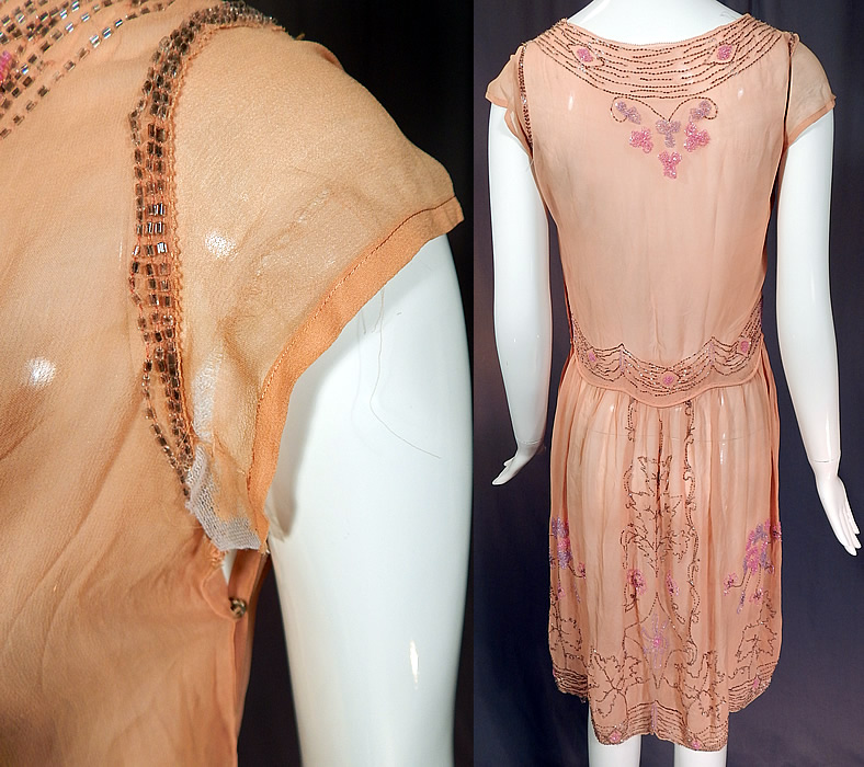 Vintage Art Deco Pink Silk Chiffon Lavender Floral Leaf Beaded Flapper Dress

The dress measures 40 inches long, with a 34 inch bust and 30 inch waist. It is in good as-is condition, with a frayed split on one sleeve which has been partially patched and reinforced (see close-up). This is truly a wonderful piece of Art Deco beaded textile art!