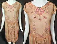 Vintage Art Deco Pink Silk Chiffon Lavender Floral Leaf Beaded Flapper Dress
