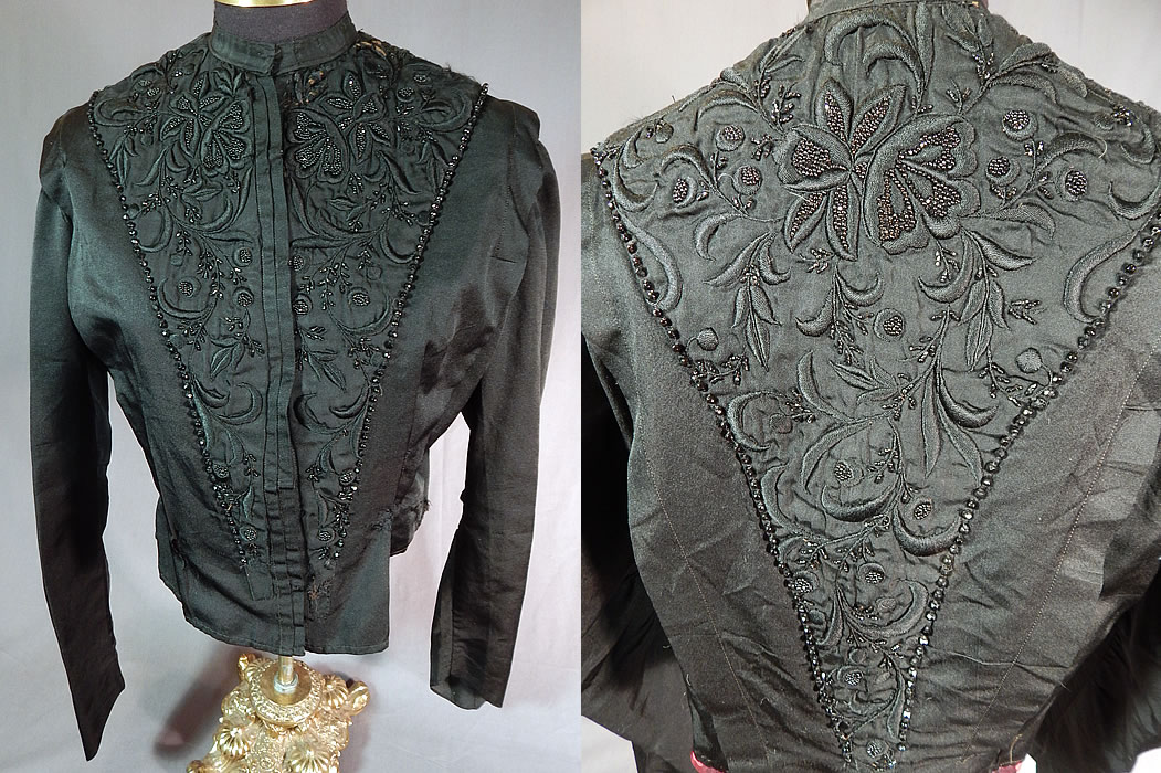 Victorian Black Silk Embroidered Jet Beaded Bodice Coat Jacket
This antique Victorian era black silk embroidered jet beaded bodice coat jacket dates from 1900.