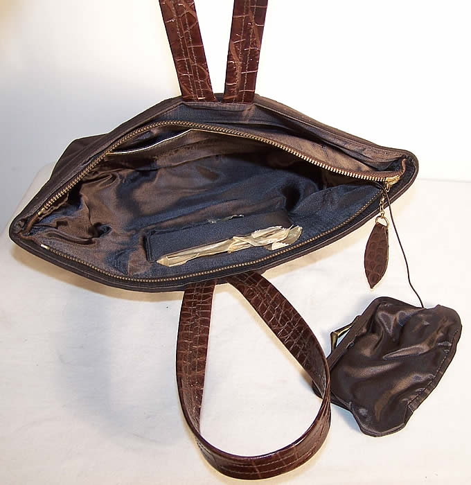  Vintage Brown Suede Alligator Shoes & Handbag Purse Set Close up.