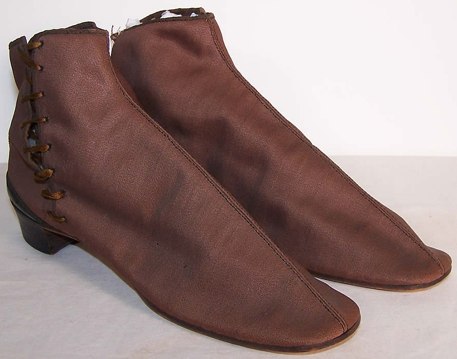 Victorian Brown Cotton Twill Dainty Half Boots Shoes Front view.