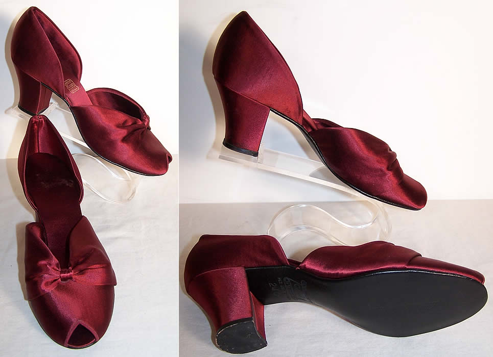 Vintage Daniel Green Comfy Burgundy Satin Slippers Shoes side view.