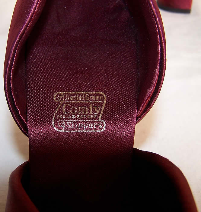 Vintage Daniel Green Comfy Burgundy Satin Slippers Shoes Close up.