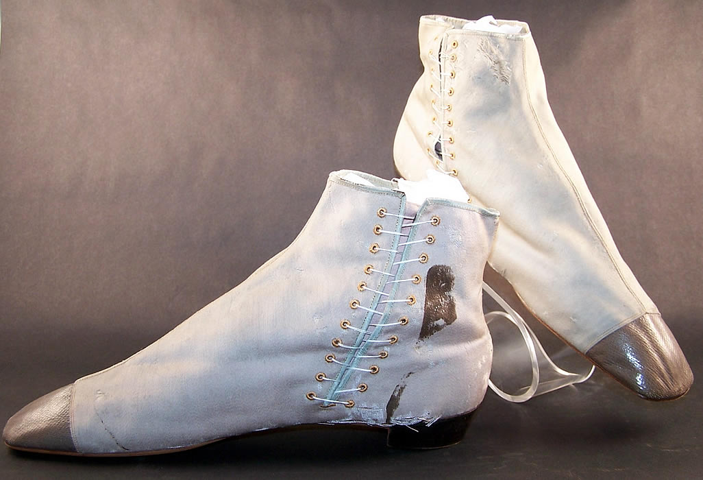Victorian Gray Wool Straight Sole Dainty Ankle Half Boots Close up.